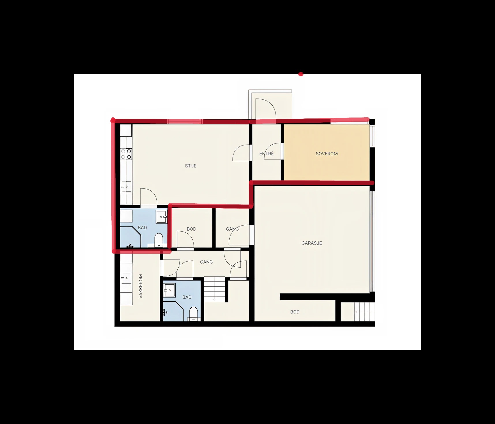 Hybelen er 45kvm, avgrenset i rødt.